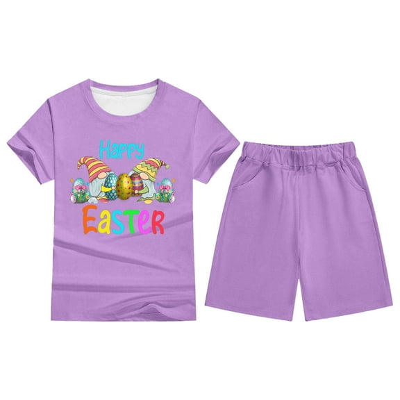 CAIXIA Summer Outfits For Girl 2 Piecegirls 2-Piece Outfit Set Easter Holiday Printed Short Sleeve T-Shirt and Shorts Pajama Set for Kids Girls and Boys,7-8 Years