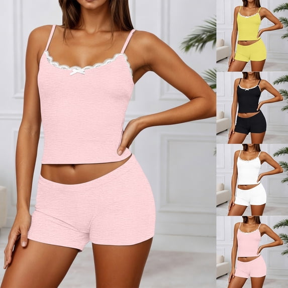 CAIXIA Summer Pjs for Women Set 2 Piece Summer Cami and Shorts Ruffle Pjs Print Graphic Lounge Sets Soft Nightwear Soft Sleepwear Pocket Nightwear