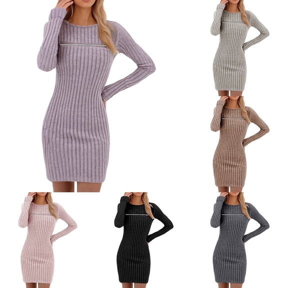 CAIXIA Sweater Dress For Women 2026 Fall Lightweight Long Sleeve Crew Neck Elasticity Ribbed Mini Bodycon Dresses,Dark Gray