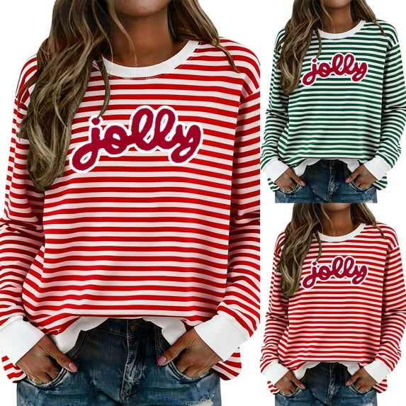 CAIXIA Sweatshirt For Women 2026 Fall Crewneck Long Sleeve Oversized Striped Jolly Pullover Tops Y2K Clothes Workout Shirt