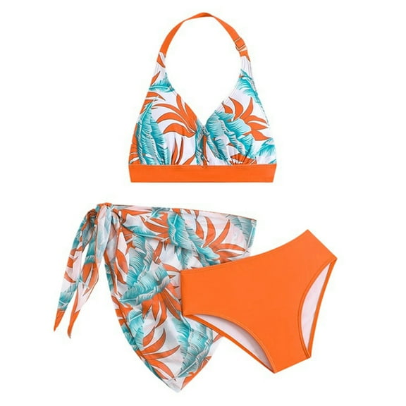 CAIXIA Swim Suits For Girls 14-16 European Style Three Piece Separate Swimsuit For Girls With Leaf Pattern Bikini And Wrap Around Skirt Summer Beachwear,9-10 Years
