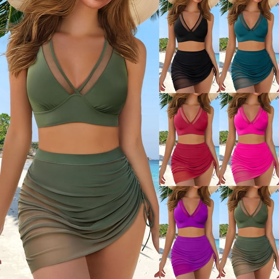 CAIXIA Tankini Swimsuits For Women Swim Dress High Waisted Bikini Sets Mesh Sarong Wraps V Neck Two Piece Bathing Suit Side Drawstring