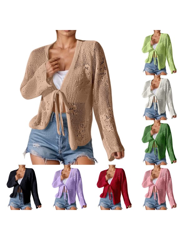 Thin Cardigans For Women Lightweight Summer Knit Cutout Design Lightweight Sheer Cover Up, Casual Beach Daily Tops