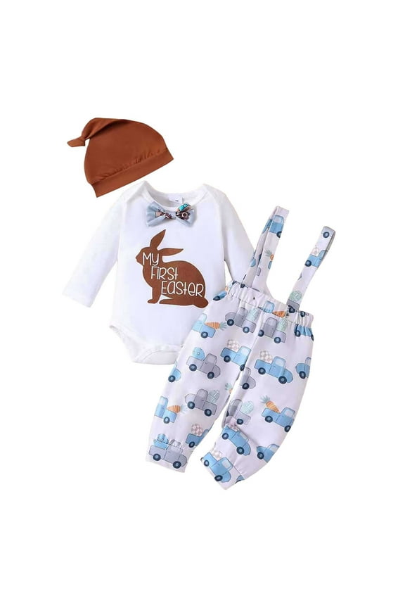 CAIXIA Toddler Boy Easter Outfit Baby Boy My First Easter Outfit, Bunny Letter Romper Suspender Pants Hat Easter Sunday Family Outfit