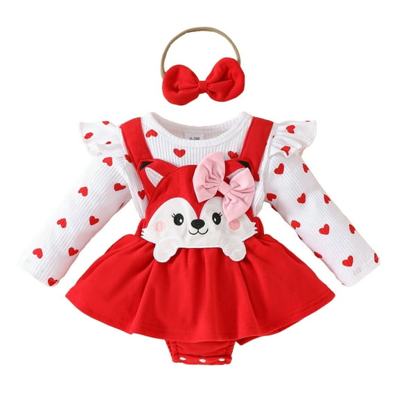 CAIXIA Toddler Dress Up Infant Girls Valentine's Day Outfit Long Sleeve Ribbed Heart Print Romper Bodysuit Dress with Headband Newborn Set
