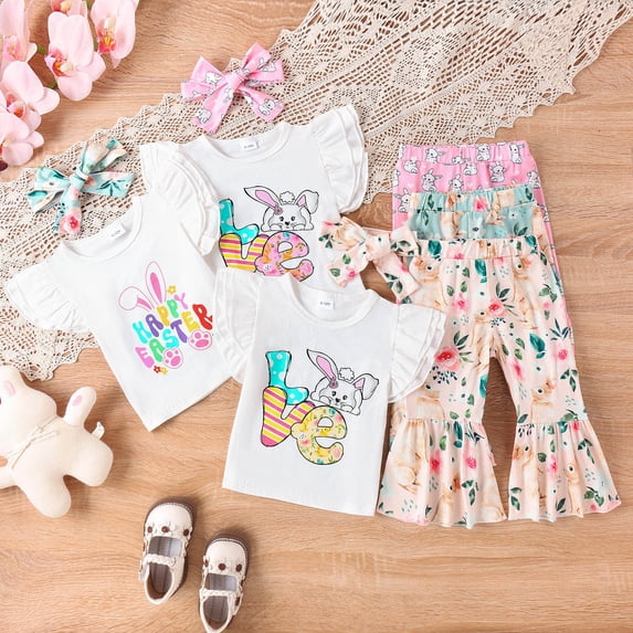 CAIXIA Toddler Girls Clothes Easter Bunny Newborn Baby Girl Easter Outfit New Chick In Town Ribbed Romper Chicks Bow Flare Pants Headband Clothes Set