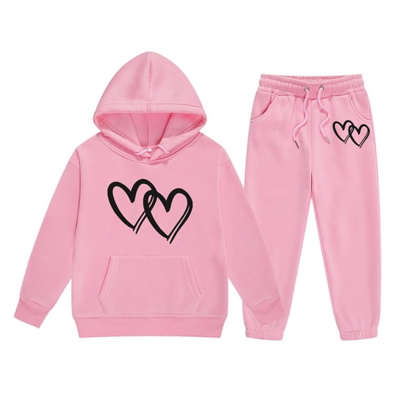 CAIXIA Valentines Day Girls 2 Piece Outfits Size 9 Girls Long Sleeve Hooded Sweater and Pants Set with Heart and Letter Print Design for Comfortable Casual Wear,Pink