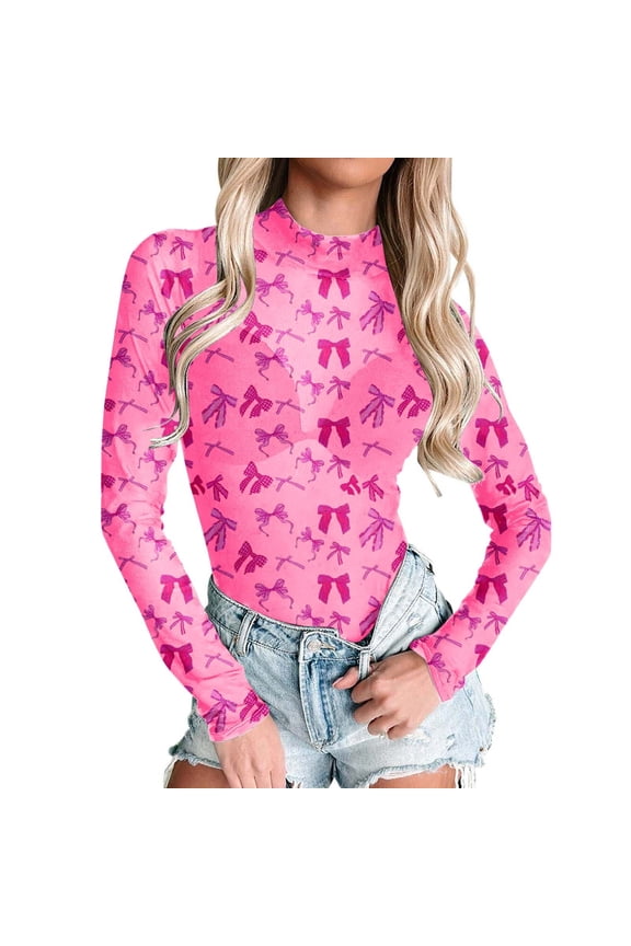 Valentines Day Women's Mesh Tops Cute Heart Long Sleeve Sheer T Shirts See Through Blouse Bodycon Clubwear