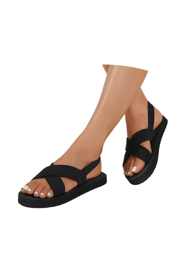 Wedge Sandals For Women Women's Summer Platform Sandals Elegant Comfortable Flat Back Strap Leisure Beach Trekking Stretch Fly Woven Shoes,Black