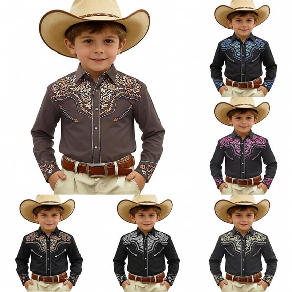 CAIXIA Western Baby Boy Clothes Boys Western Shirt Pockets Button Down Shirts Long Sleeve Kids Cowboy Pearl Snap