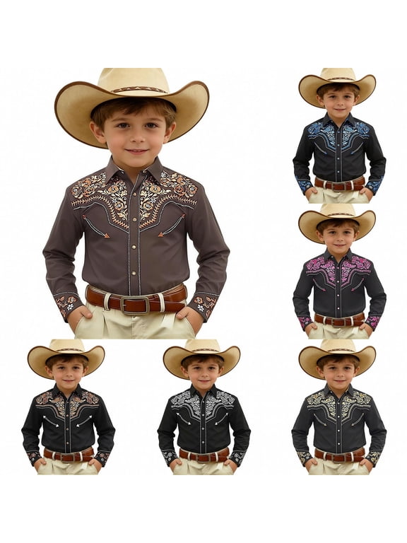 CAIXIA Western Baby Boy Clothes Boys Western Shirt Pockets Button Down Shirts Long Sleeve Kids Cowboy Pearl Snap