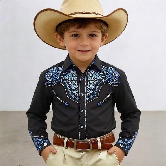 CAIXIA Western Boys Denim Button Down Shirt girls western shirt Long Sleeve Pearl Snap with Two Flap Pockets