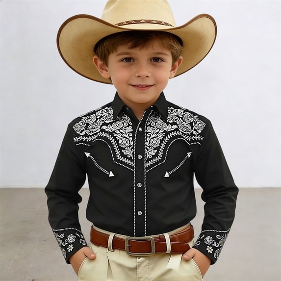 CAIXIA Western Boys Denim Button Down Shirt girls western shirt Long Sleeve Pearl Snap with Two Flap Pockets