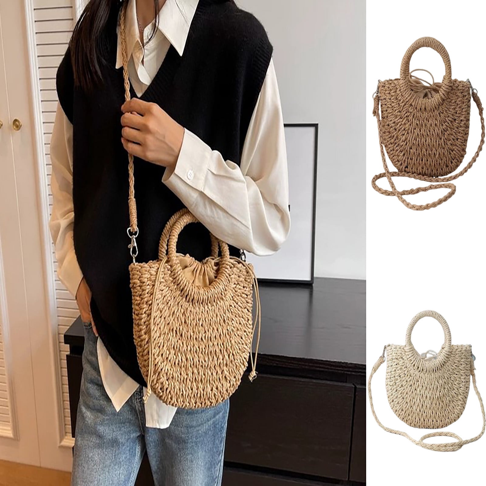 CAIXIA Women Hollow Mesh Woven Straw Tote Bag Handmade Summer Shoulder ...