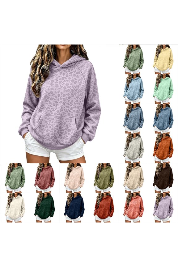 Women Leopard Print Basic Fleece Letter Loose Hoodie Sweatshirt Long Sleeve Kangaroo Pocket Drop Shoulder Pullovers Top