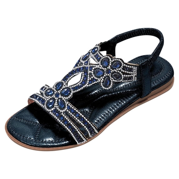 CAIXIA Women Rhinestone Sandals T-Strap Buckle Bohemian Pearl Crystal Flat Sandals