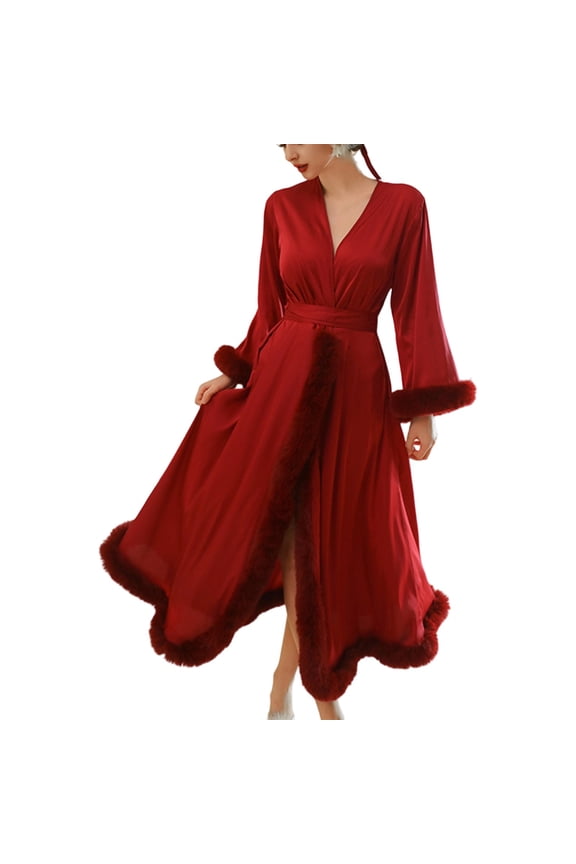 Women'S Robes Plus Size Elegant Satin Kimono Robe Long Loungewear For Women Valentine's Day And Spa Bathrobe With Feather Trim