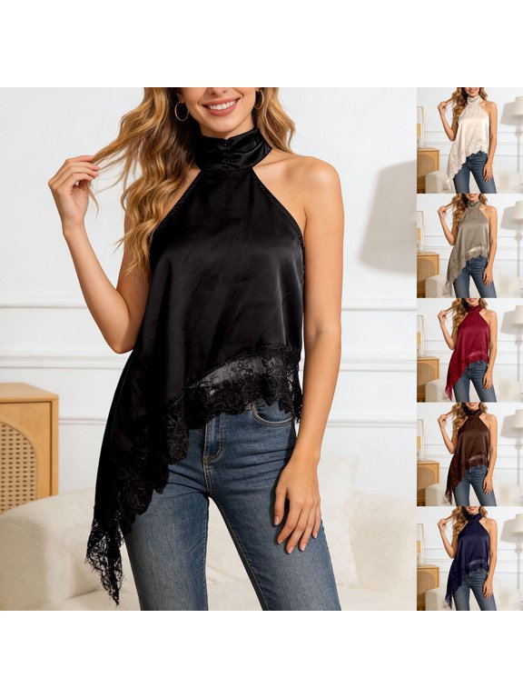Women Silk Halter Neck Top Open Back Satin Vest Shirt Sleeveless Crop Backless Tank Going Out Tops