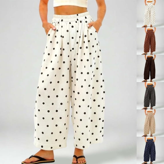 CAIXIA Women Summer Boho Cotton Linen Polka Dot Pants Beach Elastic Waist Palazzo Wide Leg Barrel Pants