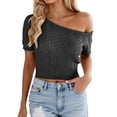 thumbnail image 1 of CAIXIA Women T Shirts Loose Fit Off Shoulder Knit Top Summer Casual Short Sleeve Cropped Shirt With Lace Up Detail Boho Blouse for Women,Black, 1 of 5