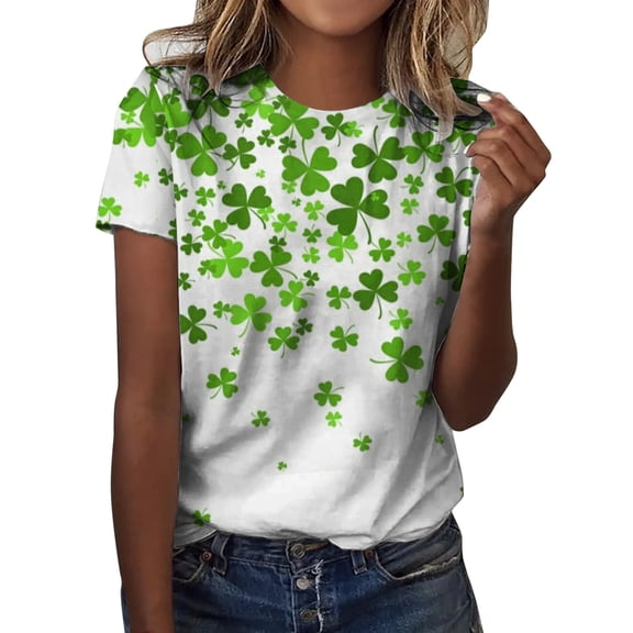 CAIXIA Women T Shirts St Patrick's Day Casual Short Sleeve Four Leaf Clover Green Crew Cute Tunic Tops Casual Blouses New Year Festival Tee,White