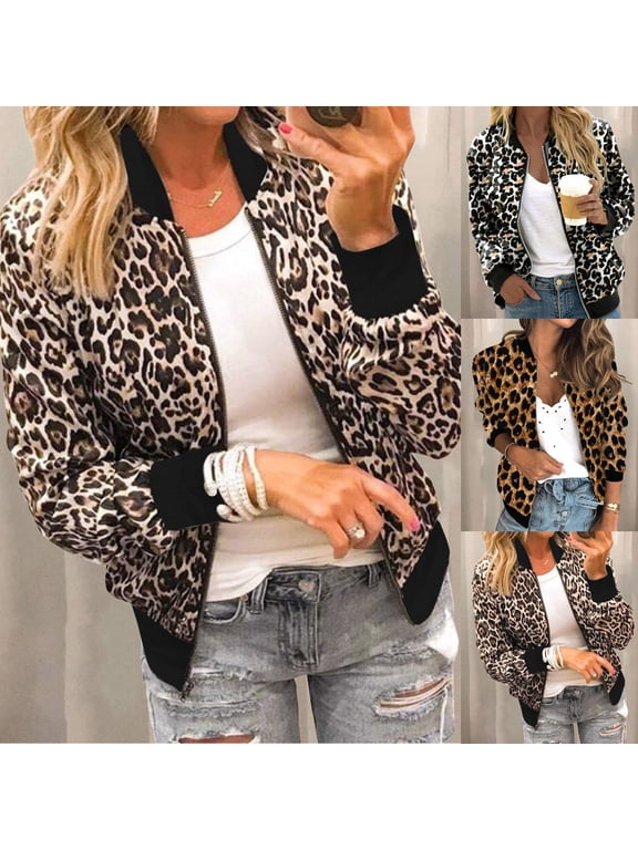 Women's Bomber Jacket Leopard Floral Print Casual Coat Zip Up Spring Fall Clothes with Pockets