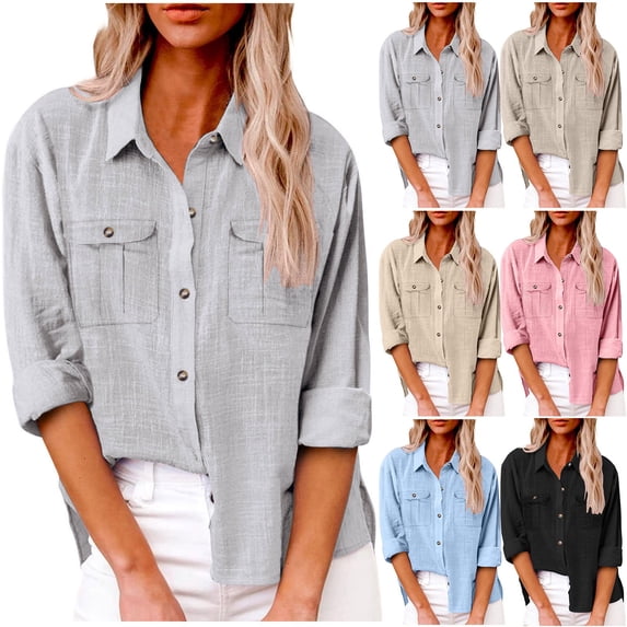 CAIXIA Women's Casual Long Sleeve Blouse with Pockets Solid Color Shirt Top Comfortable Full Sleeve Design ,Pink