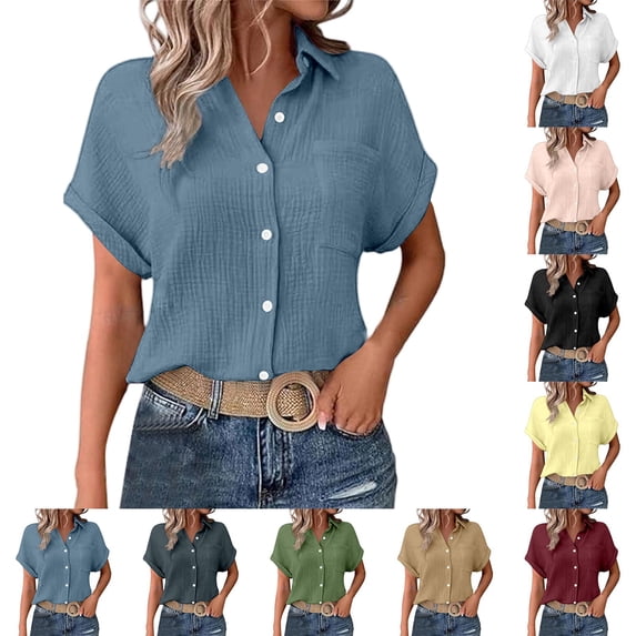 CAIXIA Women's Casual V-Neck Short Sleeve Button Down Shirt Loose Fit Summer Top with Pocket for Everyday Wear Peasant Blouses For Women,RD1