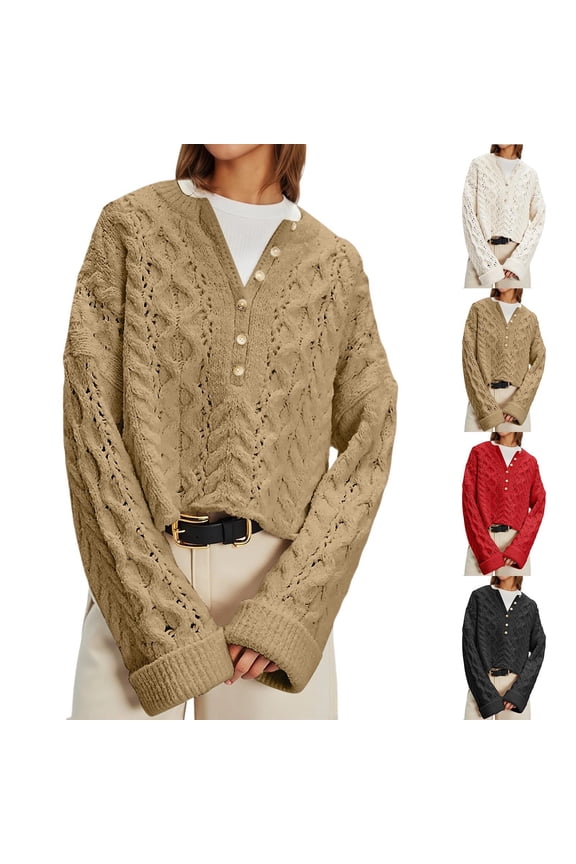 Women's Cable Knit Sweater Casual Long Sleeve Crewneck Crochet Pullover Boho Fall Winter Tops