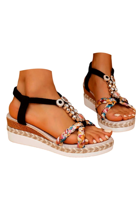 Women's Flat Sandals Women's Casual Rhinestone Heel On Roman Braided Sandals Comfortable School Footwear Bohemian Woven Design,Black