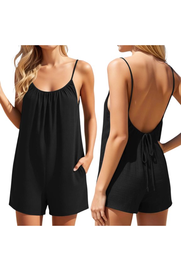 Women's Jumpsuits Casual Sleeveless Rompers Backless Loose Spaghetti Strap Shorts Overalls Jumpsuit with Pockets