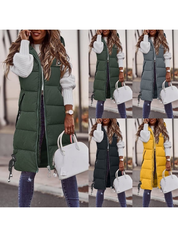 Women's Long Quilted Vest Winter Down Vest Transition Vest Winter Jacket Long Vest Winter Vest Lightweight Warm Quilted Casual Zip Puffer Jacket with Hood Outdoor Down Coat,Yellow