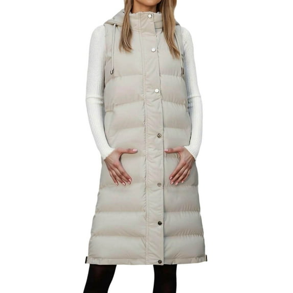 CAIXIA Women's Long Vests Sleeveless Lightweight Zip Puffer Jacket Packable Hooded Down Coat Winter Quilted Vest With Hood,Coffee