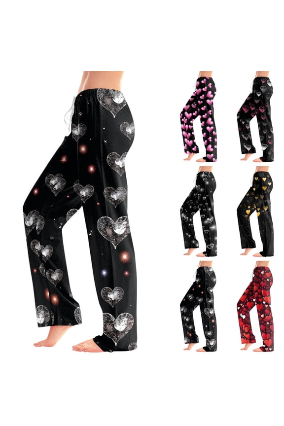 Women's Pants Cute Heart Quality Drawstring Waist Women's Valentine's Day Graphic Slacks Wide Leg Trendy Lounge Pants