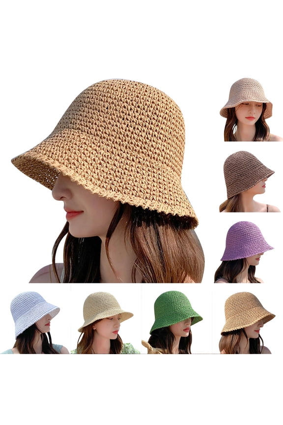 Women's Straw Sun Bucket Hat Wide Brim Packable UV Protection Travel Summer Cap for Beach UPF 50+
