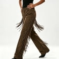 thumbnail image 1 of CAIXIA Women's Tassel Suade Pants High Waist Flare Pant Vintage Western Baggy Wide Leg Side Tassel Pants, Stretch Slim Fringe Pant, 1 of 6