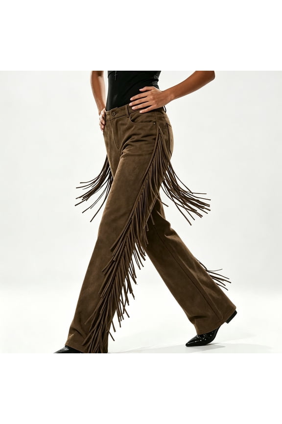 Women's Tassel Suade Pants High Waist Flare Pant Vintage Western Baggy Wide Leg Side Tassel Pants, Stretch Slim Fringe Pant