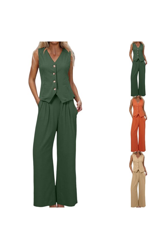 Women's Two Piece Outfits Summer Crop Vest Waistcoat Blazer Wide Leg Pants Suits Dressy Casual Matching Sets