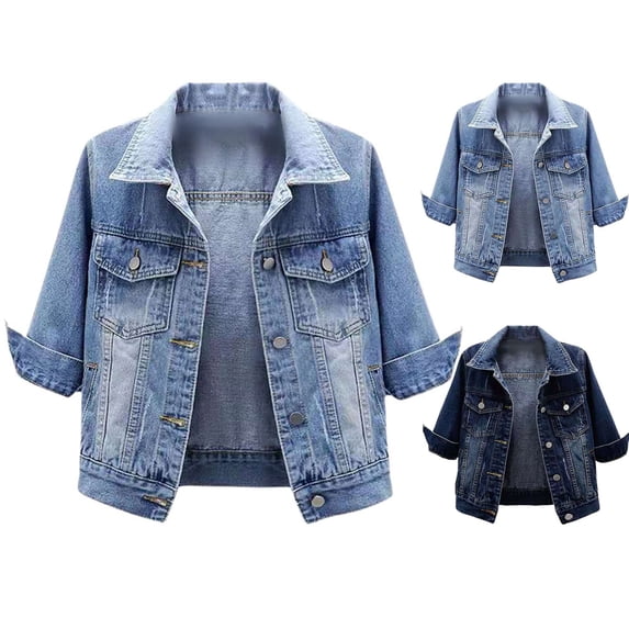 CAIXIA Womens 3/4 Sleeve Colored Cropped Denim Jacket Light Wash Short Jean Jacket Trucker Coat