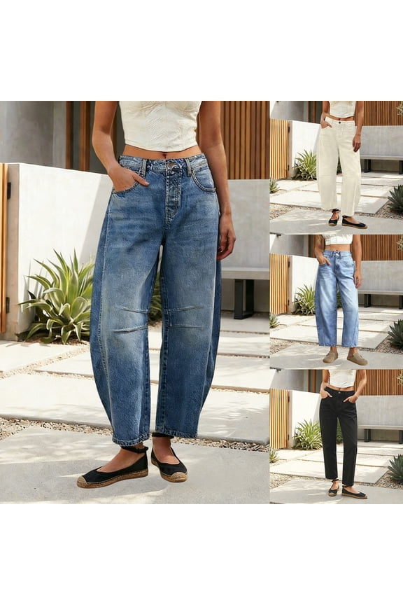 Womens Barrel Jeans Elastic High Waisted Stretchy Baggy Wide Leg Jeans Trendy Patchwork Loose Ankle Denim Pants