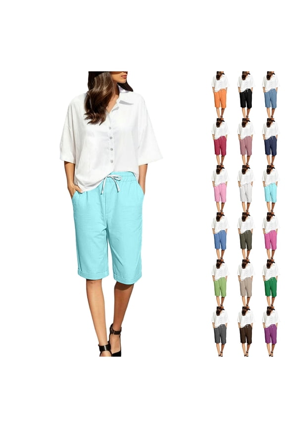 Womens Bermuda Shorts Knee Length Summer Casual Drawstring Elastic Waist Linen Shorts Pedal Pushers with Pockets