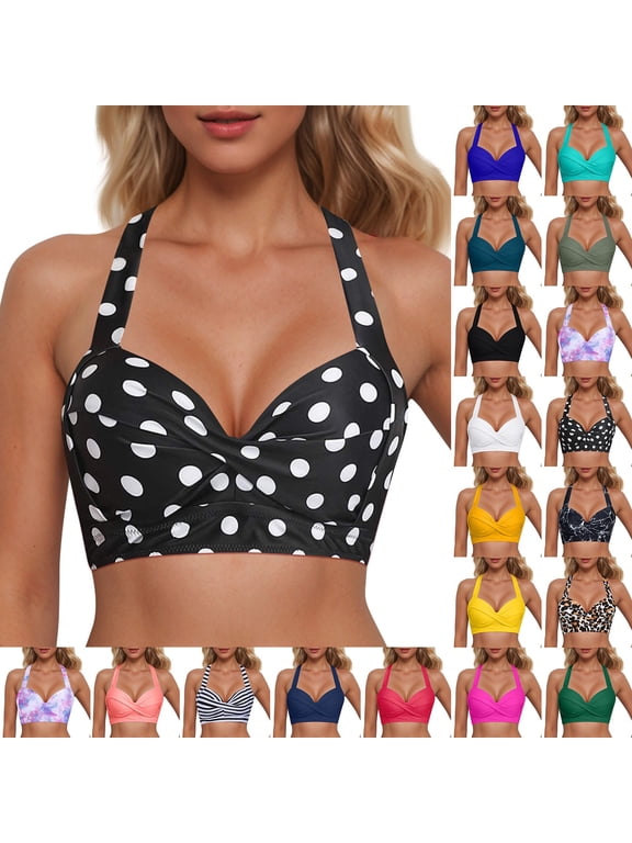 CAIXIA Womens Bikini Top Polka Dots V Neck Swimsuit Top Halter String Swim Bathing Suit Tops