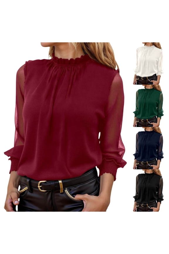 Womens Chiffon Blouse Long Sleeve High Neck Sheer Mesh Elegant Work Office Dressy Top with Smocked Cuffs Business