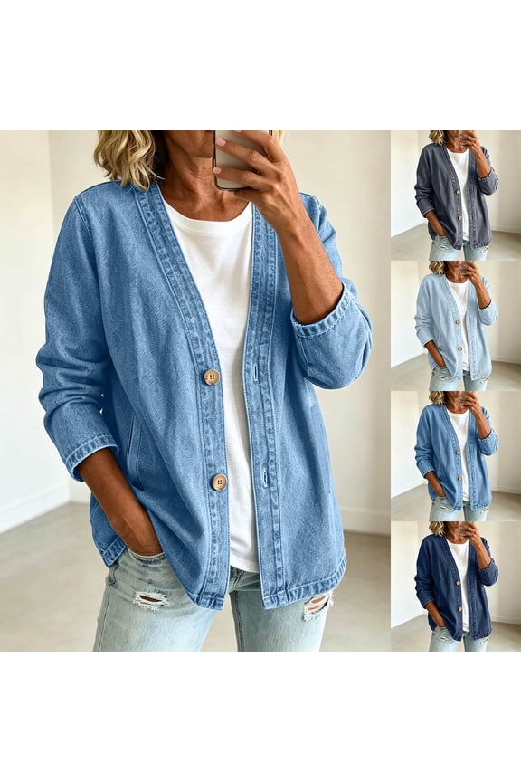 Womens Classic Button Front Breathable Stretch Denim Jacket Relaxed Fit Lightweight Casual Long Sleeve Cardigan Coat