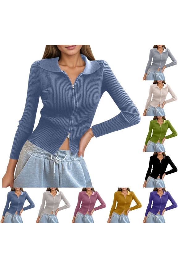 Womens Collared Ribbed Knit Double Zip Cardigan, Tight Fitted Cropped Casual Layer Top For Daily Outfit,Black