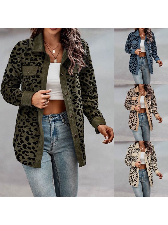 Womens Corduroy Shacket Blouses Button Down Leopard Print Shirts Pocket Long Sleeves Tops Jacket Coats