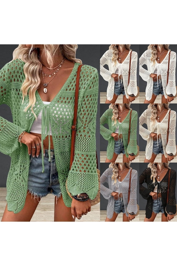 Womens Crochet Cardigan Summer Tie Front Shrugs Sweaters Short Sleeve Knit Cropped Cardigans Tops