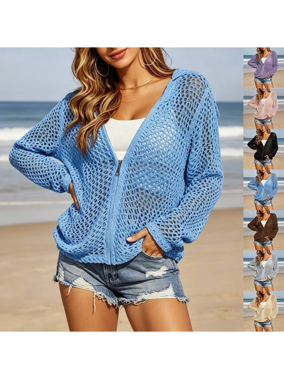 Womens Crochet Lightweight Cardigan Zip Up Hooded Long Sleeve Knit Sweaters Mesh Beach Swim Cover Up