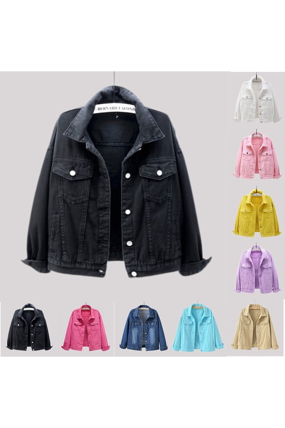 Womens Cropped Denim Jacket Long Sleeve Button Down Trucker Jacket with Chest Pockets