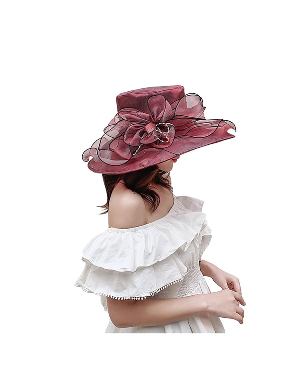 Womens Derby Hats Elegant Organza Floral Elegant Tea Party Church Hats Adjustable Wide Brim Fascinator Derby Hats Flower Bridal Shower Hat